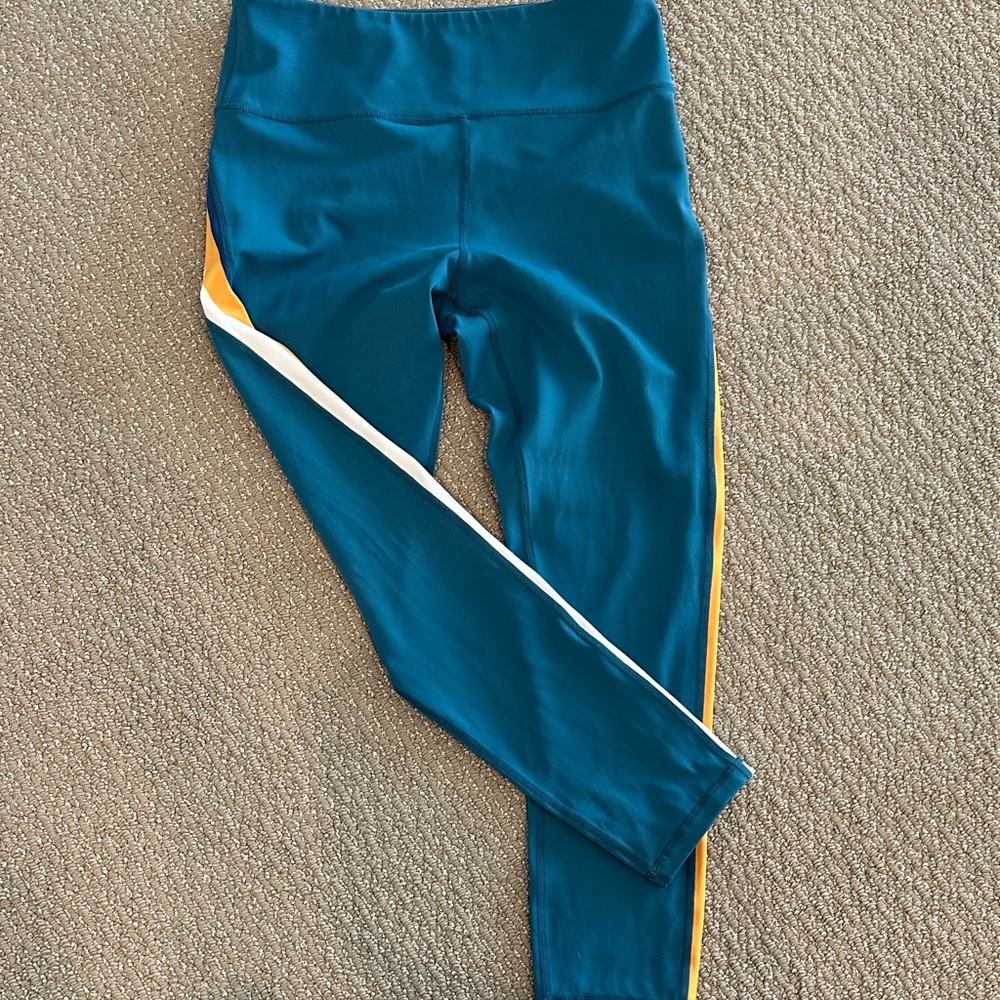 Teal Leggings with Yellow and White Stripes